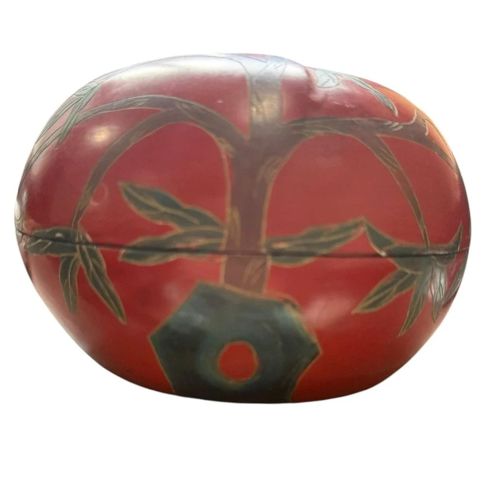 Vintage Japanese Red Lacquer Box Floral Trinket Bowl‎ Lidded Wood Decor